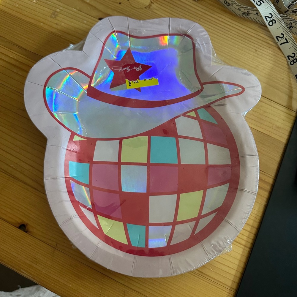 Dolly Parton Disco Ball Cowboy Hat Shaped Paper Plates 8ct Holographic WM368780